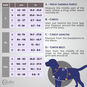 May include: A size chart for dog collars, featuring measurements in inches and centimeters. The chart includes neck, chest, chest length, and girth belt measurements for sizes L, XL, and XXL. A diagram of a dog illustrates where to measure.