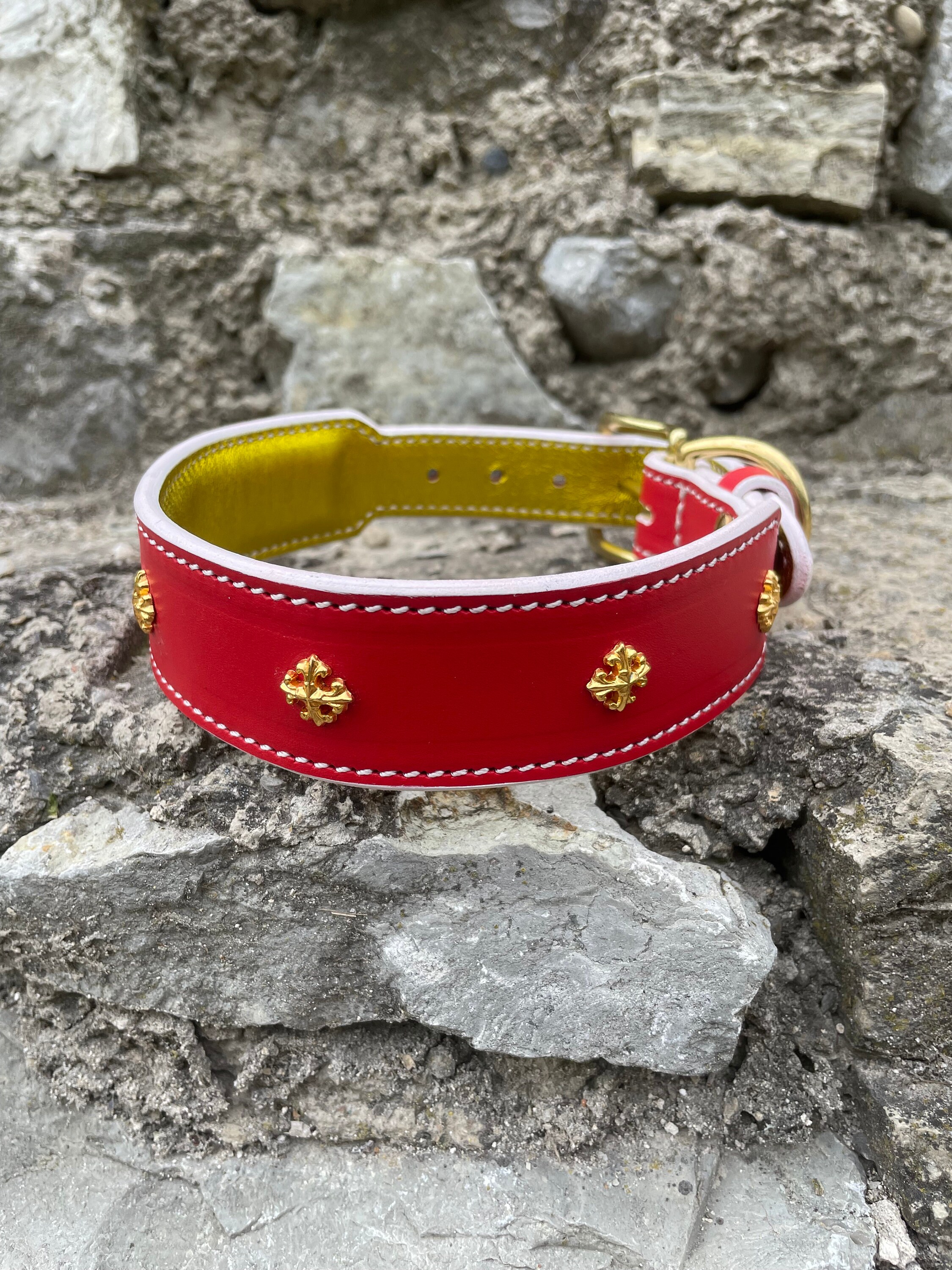 Luxury Red Leather Dog Collar With Golden Decorations - Etsy