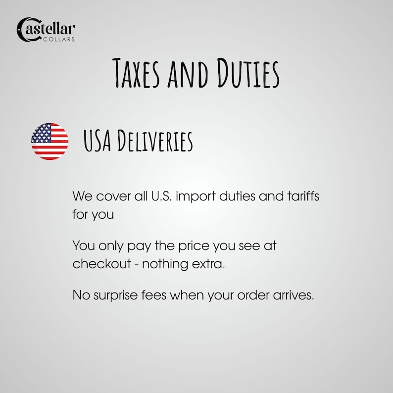 May include: Image with the text "TAXES AND DUTIES" and "USA DELIVERIES". The text states that import duties and tariffs are covered, and the price at checkout is the final price. No surprise fees upon arrival.