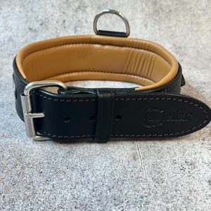 May include: A black leather dog collar with a tan padded interior. The collar features a silver-colored buckle and a D-ring for leash attachment. The brand name "Fasteller" is embossed on the leather.