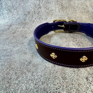 May include: A dark brown leather collar with a vibrant purple interior lining and gold-toned stitching. The exterior features evenly spaced gold-colored metal emblems shaped like fleur-de-lis. It includes a gold-toned metal buckle and loop.