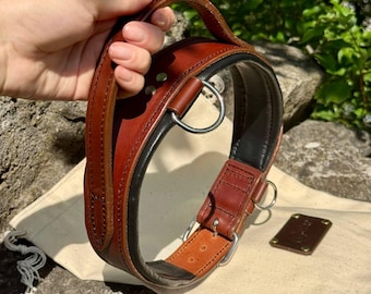 Leather Dog Collar with Handle for Large Breeds, Wide Padded Tactical Collar, Brown Black Agitation Collar, Custom Cane Corso Doberman