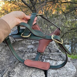 May include: A green and brown leather dog harness with brass-colored hardware. The harness features a saddle-like design with adjustable straps and a D-ring for leash attachment. The harness is displayed on a rock.