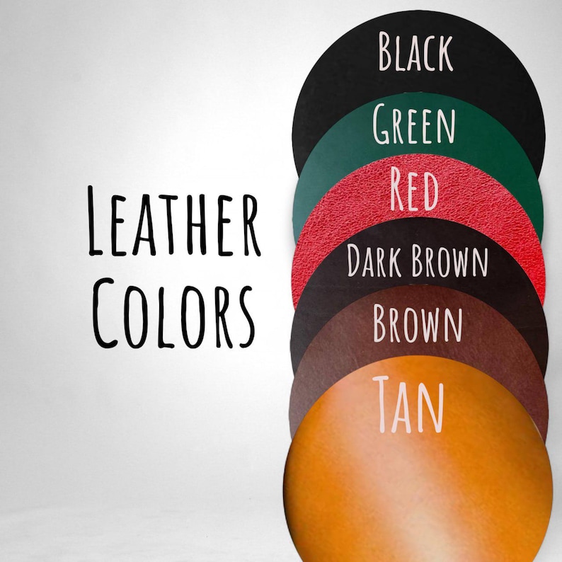 May include: A colour chart showing leather colours: black, green, red, dark brown, brown, and tan. The text "LEATHER COLORS" is written in black, capital letters on the left side of the image.