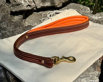 Leather Traffic Leash with Padded Handle, Short Brown Orange Dog Training Lead, Solid Brass Heavy Duty Control Leash for German Shepherd