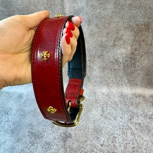 May include: A red leather dog collar with gold-colored decorative accents. The collar features a brass buckle and a black interior lining. The collar is designed with a classic style and is suitable for medium to large dog breeds.