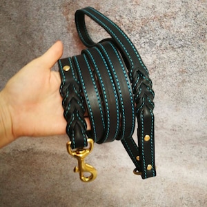 Geflochtenes schwarzes Leder Türkis Akzent Hundeleine, Messing Snap 1 in Türkis Dekor Leder Hundeleine mit Ringfunktion