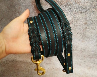 Guinzaglio multiuso personalizzato per cani intrecciato in pelle nera con dettagli turchesi, moschettone in ottone da 1 pollice, guinzaglio per cani in pelle con decorazione turchese e funzione anello