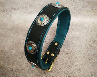 Turquoise Stones Conchos Leather Dog Collar, Female Leather Dog Collar, Turquoise Flower Leather Dog Collar, Blue Padded Leather Dog Collar
