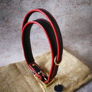 Black and Red Leather Dog Collar with Handle, Comfortable Handle Dog Collar,  Padded Leather Dog Collar, Black Dog Collar with Red Stitch