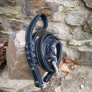 Braided Ends Leather Dog Leash with Ring on Handle. Free Hands Leather Braided Leash for Big and Medium Dog, Leather Stitched Dog Leash,