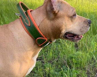 Green Leather Dog Collar with Handle, Orange Padded Tactical Collar for Large Breeds, Stainless Steel Agitation Cane Corso Doberman Collar