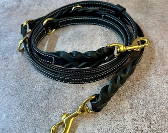 Heavy Duty 7-in-1 Leather Dog Leash for Large Breeds, Braided Hands Free Lead, Anti-Slip Grip, Black Leather White Stitching, Solid Brass