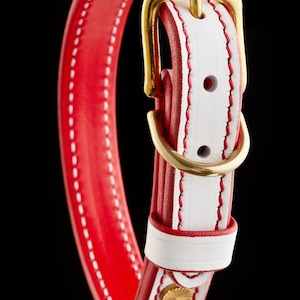 White Red Leather Small Dog Collar, Thin Dog Collar in White Leather, Solid Brass Fitting Leather Dog Collar, Small Breed Leather Collar