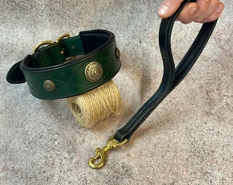 Conjunto de collar y correa de cuero verde para perros grandes con herrajes de latón