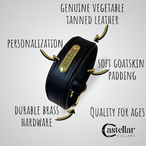 May include: Black leather dog collar with brass fittings and a gold nameplate reading "SULTAN". The collar has soft goatskin padding and is made from genuine vegetable-tanned leather. The text "Castellar COLLARS" is also visible.