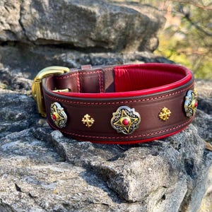 May include: A brown leather dog collar with red interior and trim. The collar features ornate silver and gold-toned embellishments with red center stones. A gold-colored buckle secures the collar. The collar is displayed on a gray rock surface.