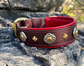 Braunes Leder Hundehalsband mit roter weicher Polsterung, strapazierfähig, benutzerdefinierte Größe, breit