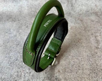 Custom Leather Dog Collar with Handle, Personalized Wide Padded Collar for Large Dogs, Round Handle, Stainless Steel