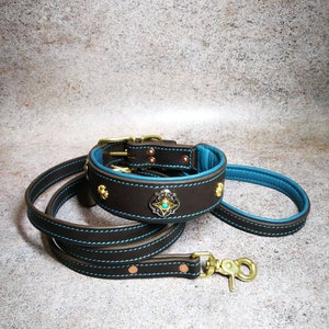 Pu&ograve; includere: Set collare e guinzaglio per cani in pelle marrone con cuciture e dettagli turchese. Il collare presenta borchie color oro e un elemento centrale decorativo argento e turchese. Il guinzaglio ha un moschettone color oro abbinato.