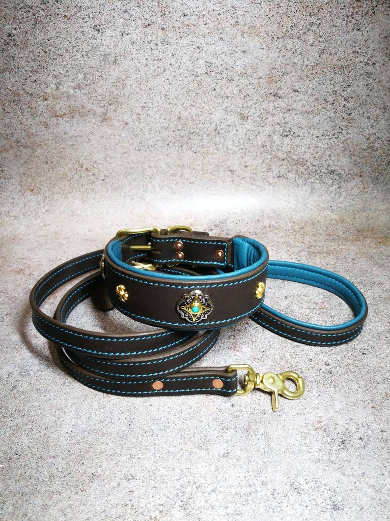 Pu&ograve; includere: Set collare e guinzaglio per cani in pelle marrone con cuciture e dettagli turchese. Il collare presenta borchie color oro e un elemento centrale decorativo argento e turchese. Il guinzaglio ha un moschettone color oro abbinato.
