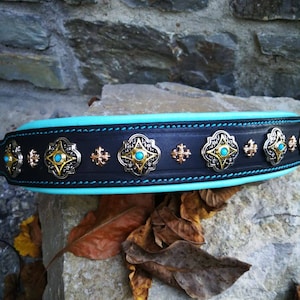 Luxury Padded Leather Dog Collar, Blue Leather Dog Collar with gold rivets, Elegant dog collar, fashion dog collar, crystal dog collar