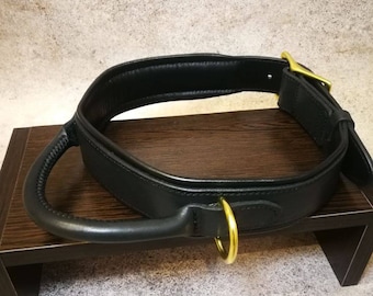 Leather dog collar with handle, 2 inch wide tactical leather collar, padded heavy duty collar for large breeds, brass hardware