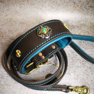 Pu&ograve; includere: Un collare per cani in pelle marrone e un set di guinzaglio abbinato. Il collare presenta un interno blu turchese, borchie color oro e un emblema decorativo argento e oro con un centro turchese. Il guinzaglio e il collare hanno cuciture blu.