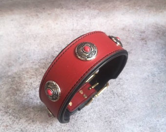 Red Leather Dog Collar with Decor, Leather Dog Collar with Conchos, Decorated Leather Dog Collar, Big Dog Collar, Wide Dog Collar for Dogs