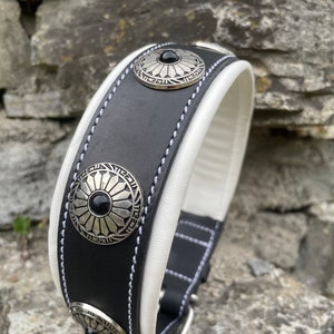 Leather Dog Collar with Conchos, 2 inch Wide Padded Dog Collar with Ornaments, Black and White Leather Collar for Large Dogs