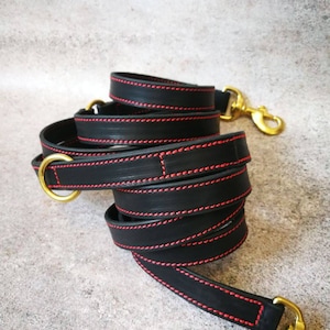 May include: Black leather dog lead with red stitching and gold hardware. The lead is coiled and ready for use.