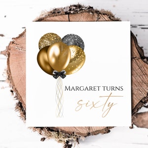 Carte d'anniversaire noir et or glam ballon 60e, carte d'anniversaire personnalisée pour elle, carte d'anniversaire étape importante pour ami, tante, soeur