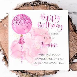 Carte d'anniversaire pour ami spécial avec ballon rond rose effet scintillant imprimé, carte d'anniversaire ballon glam, carte pour ami spécial