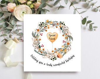 Special Friend Birthday Card With Floral Wreath Design, Thoughtful and Unique Birthday Greeting