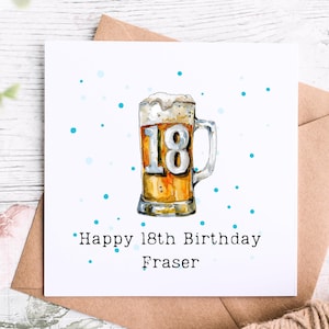 Carte d'anniversaire personnalisée du 18e anniversaire avec une chope de bière, carte du 18e anniversaire heureuse parfaite pour un fils, un petit-fils, un neveu ou un frère qui aura 18 ans