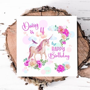 Hermosa tarjeta de cumpleaños con unicornio para niñas, personalizable con nombre y edad, tarjeta para sobrina, hija, nieta, tarjetas de felicitación impresas personalizadas