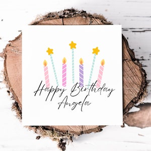Tarjeta de cumpleaños personalizada con velas de colores pastel, diseño de tarjeta de cumpleaños lindo y simple para hermana, sobrina o hija