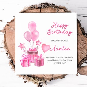 Maravillosa tarjeta de cumpleaños con globo rosa y regalo para tía, para una tía maravillosa, bonita tarjeta de cumpleaños para su día especial
