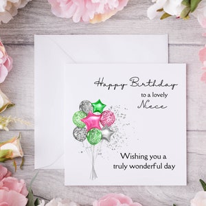 Preciosa tarjeta de cumpleaños para sobrina con un glamoroso globo rosa, verde y plateado. Bonita tarjeta de cumpleaños con impresión de alta calidad en tarjeta de lino para un acabado de lujo.