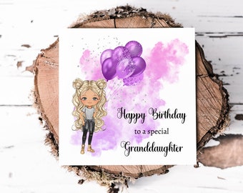 Birthday Card For A Special Granddaughter With Purple Printed Glitter Balloon, Personalise With Choice Of Doll Change Hair and Eye Colour,