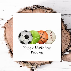 Biglietto di auguri di compleanno personalizzato con palla sportiva per lui, biglietto perfetto per gli amanti dello sport, biglietto con nome personalizzato, basket, tennis, calcio, baseball