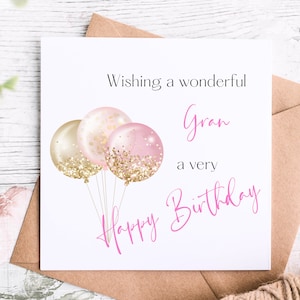 Meraviglioso biglietto di auguri per il compleanno della nonna con palloncini rosa e oro, speciale biglietto di auguri per il compleanno della nonna