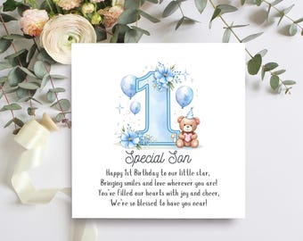 Special Son 1st Birthday Card, Cute Little Boy First Birthday Card With Sweet Verse, Beautiful First Birthday Keepsake
