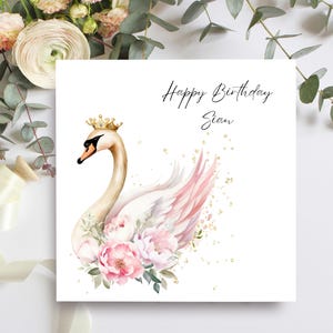 Birthday Card For Her Personalised With Name, Beautiful Swan Princess Birthday Card For Daughter, Niece, Granddaughter, Friend Or Sister