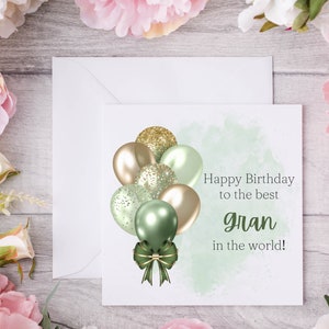 Jolie carte d'anniversaire de grand-mère avec un bouquet de ballons en or vert sauge, belle carte imprimée pour une grand-mère spéciale le jour de sa fête