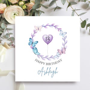 13e carte d'anniversaire personnalisée pour fille, soeur, petite-fille, nièce, cousine ou amie, carte d'anniversaire couronne de papillons pour elle OTR53