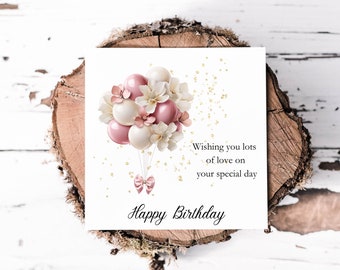 Gorgeous Balloon and Flower Birthday Card For Her, Dusky Pink and Ivory Balloons and Blossom Flowers, Beautiful Card For Sister or Friend