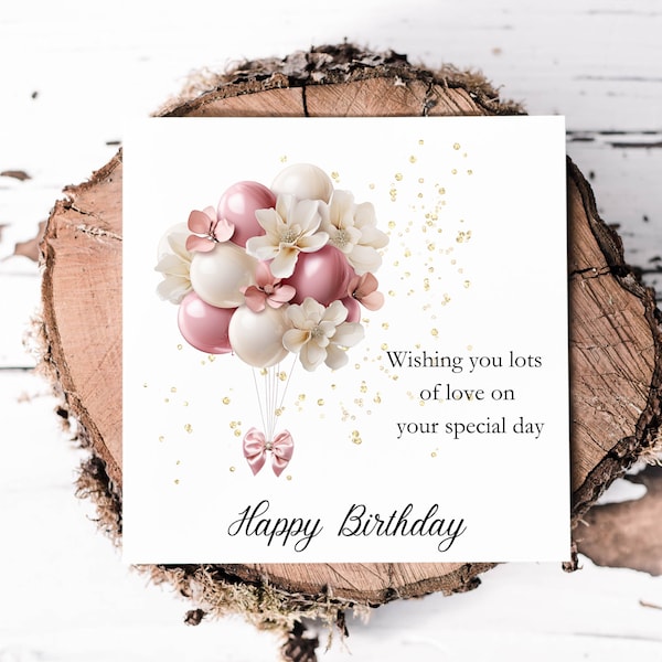 Magnifique carte d'anniversaire avec ballons et fleurs pour elle, ballons et fleurs roses sombres et ivoire, belle carte pour soeur ou amie