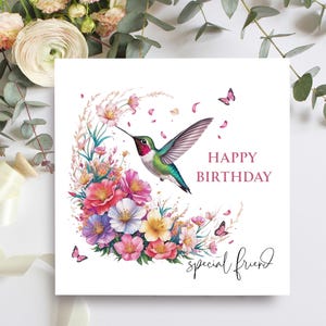 Carte d'anniversaire pour un ami spécial, carte florale colorée avec colibri, carte de voeux de joyeux anniversaire pour elle, carte d'ami inspirée de la nature