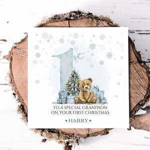 Première carte de Noël spéciale petit-fils personnalisée avec nom, belle carte de premier Noël de bébé, belle carte souvenir pour boîte à souvenirs